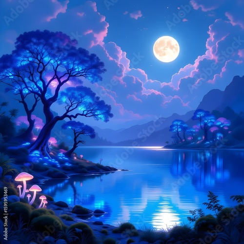 Magical Forest at Night with Glowing Trees and Reflections Under Moonlight
