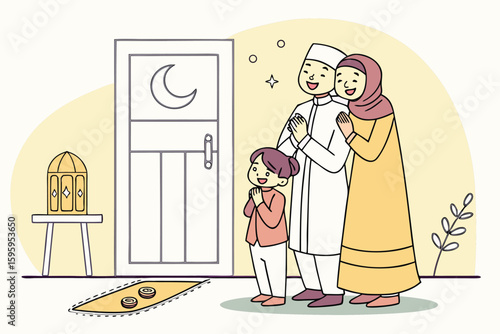 Islamic family moment before Eid prayer, traditional dress, morning light, sweets and spiritual atmosphere
