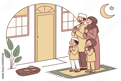 Warm morning scene of Muslim parents and children embracing before Eid prayer in traditional cultural attire