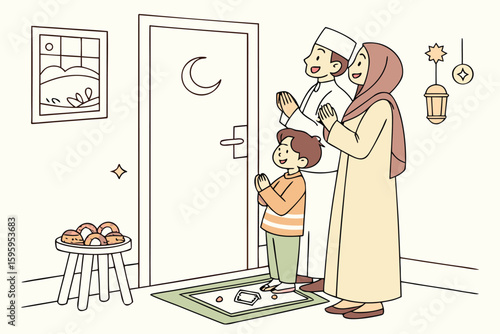 Muslim family of four hugging joyfully in traditional Eid clothes at home, sunlight shining through prayer space