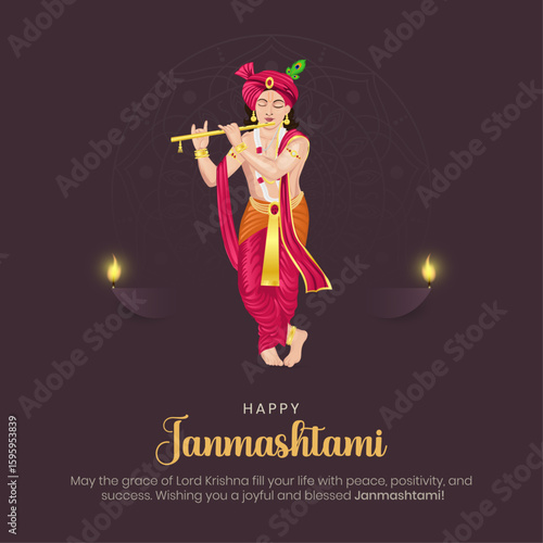 Happy Janmashtami Post and Greeting Card. Birthday of Lord Krishna Janmashtami Celebration and Creative Poster Vector Illustration