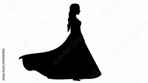 Silhouette of a woman in a long flowing gown with a side profile view against a white background