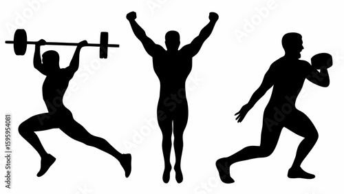 Silhouette of three athletes performing different exercises in a fitness and health concept image design