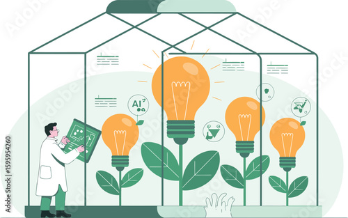 Scientist cultivating light bulbs as plants in a greenhouse symbolizing innovation and growth Vector Design