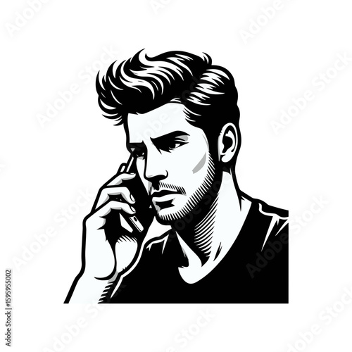 A man on a phone call with serious posture