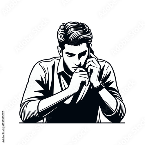 A man on a phone call with serious posture