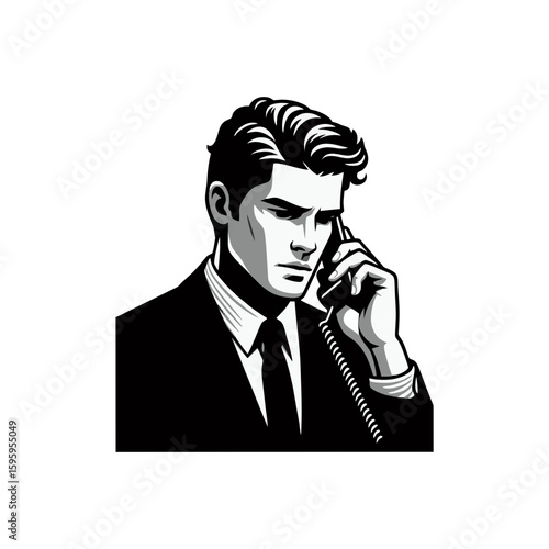 A man on a phone call with serious posture