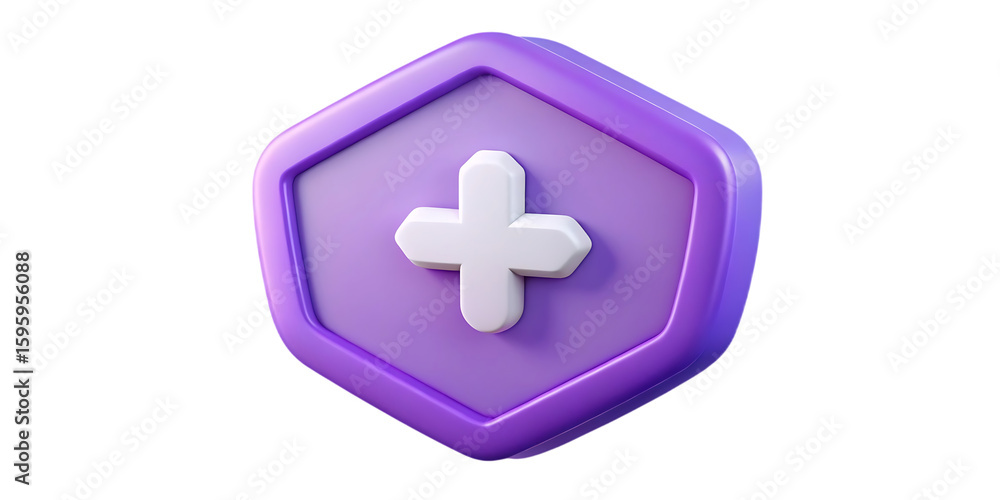 Obraz premium A purple hexagonal icon with a white plus symbol in the center isolated on transparent background