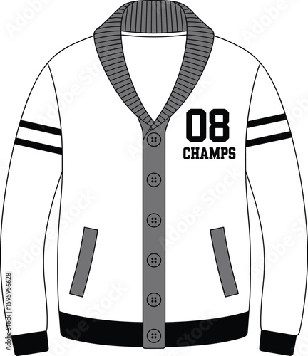 Varsity-style letterman cardigan with "08 CHAMPS" graphic, striped sleeves, and pockets, perfect for sports themes, casual wear, and fashion designs.