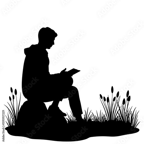Silhouette of traveler journaling on stone near meadow, nature reflection