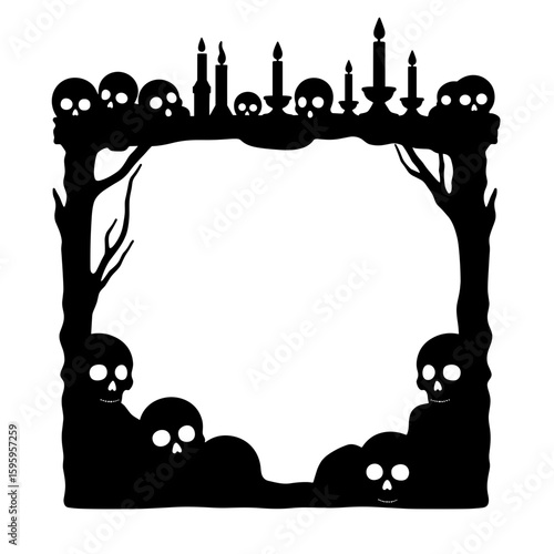 Skull and candle frame border silhouette – Halloween altar theme, gothic decor