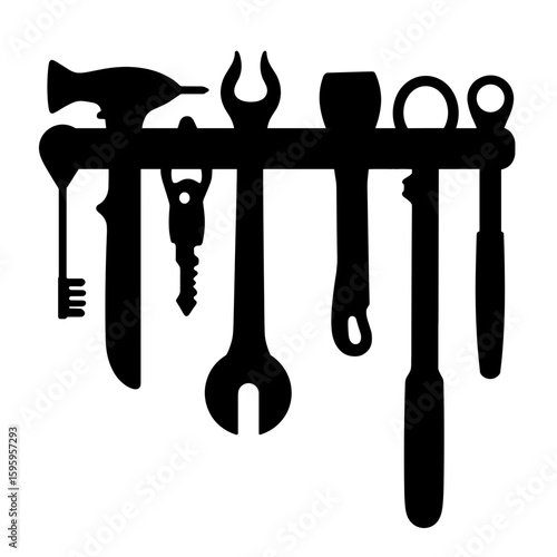Silhouette of tools on wall-mounted rack – Efficient organization, workspace utility