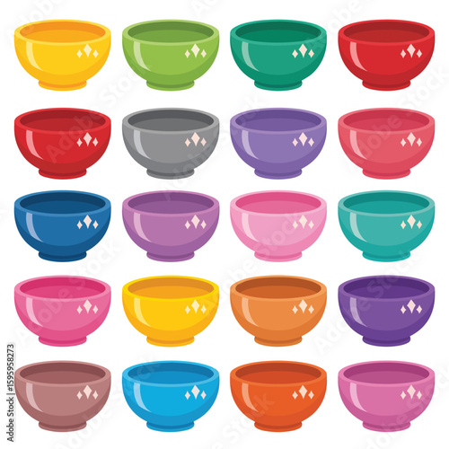 Collection of colorful ceramic bowls arranged in a grid pattern