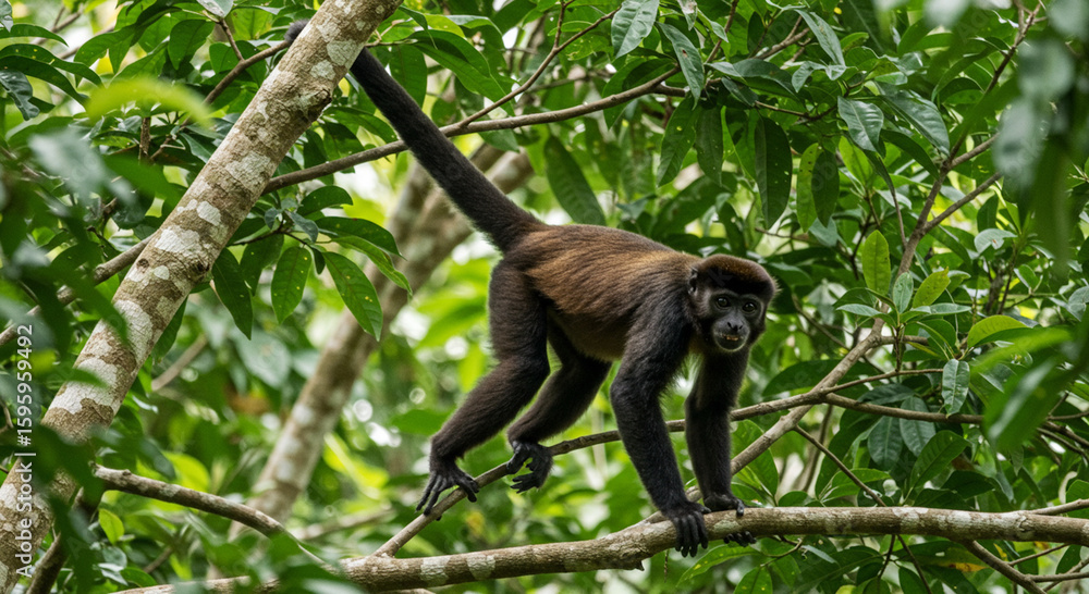 Fototapeta premium A monkey perched on a tree branch, surrounded by lush green foliage. With an alert expression and agile posture, the monkey appears to be enjoying the natural atmosphere of the tropical forest. The na