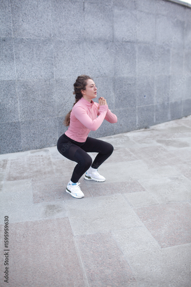 A sporty girl is dressed in sport clothes, leggins and rush guard doing sport exercises outside allong the wall A sporty girl is dressed in sport clothes, leggins and rush guard doing sport exercises outside allong the wall