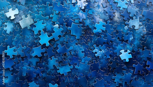 Scattered blue puzzle pieces with varied shades and textures dark blue light blue