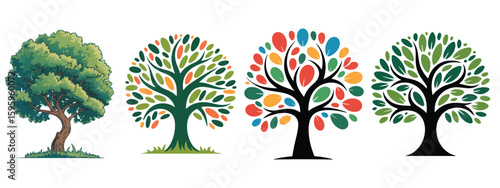 Colorful Tree Clipart Vector Set, Four vibrant tree illustrations with leafy branches in green yellow red and orange tones perfect for kids books nature posters web and educational designs