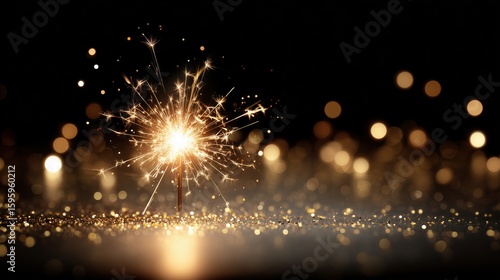 Sparkler shining brightly against a dark background with golden bokeh during a festive celebration at night
