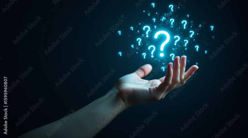A human hand is reaching towards multiple glowing neon-blue question mark symbols floating in a dark, digital space, symbolizing uncertainty, queries, or problem-solving A human hand is reaching towards multiple glowing neon-blue question mark symbols floating in a dark, digital space, symbolizing uncertainty, queries, or problem-solving