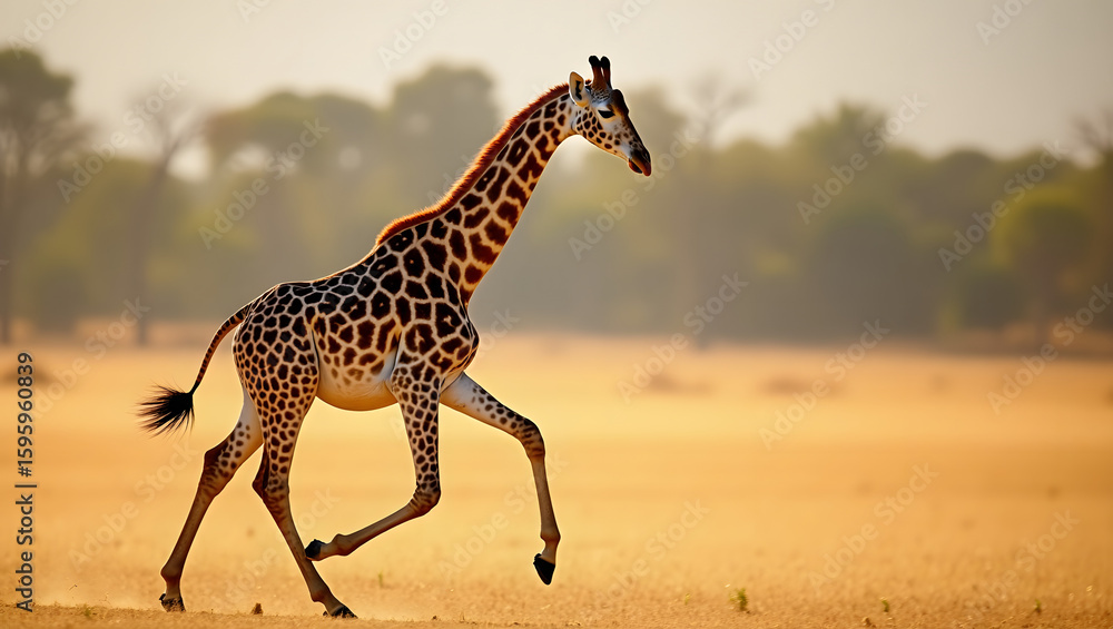 Obraz premium Giraffe walking gracefully through dry grasslands under a sunny sky.