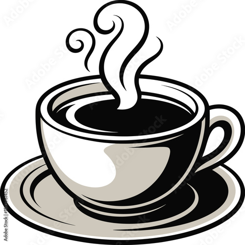 Steaming cup of hot coffee on a saucer illustration