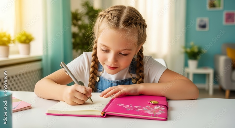 Young Girl Engaged in Writing and Drawing at Her Desk, Fostering Creativity and Learning at Home Young Girl Engaged in Writing and Drawing at Her Desk, Fostering Creativity and Learning at Home