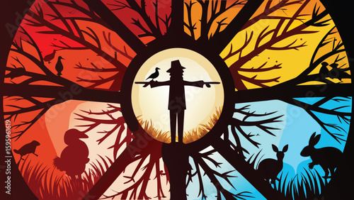 A circular image of a scarecrow with birds and animals in a colorful seasonal tree design