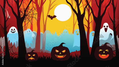 A spooky halloween scene with ghosts pumpkins bat moon trees and spiderweb in a dark and eerie forest