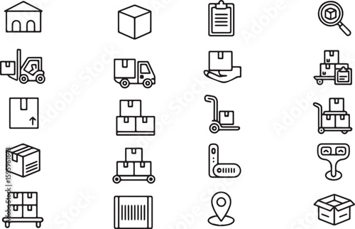 Warehouse Inventory Vector Icon Set Adjustable Line Weight Storage, logistics, delivery, packaging, barcode, forklift, shipping, pallet, stock, tracking, management, cargo, supply chain icon