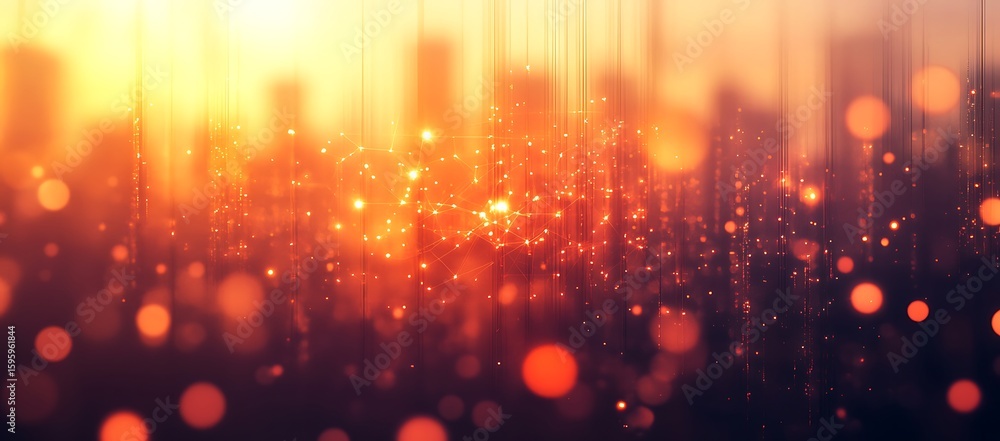 Obraz premium Glowing abstract network data streams over blurred cityscape at sunset background bokeh