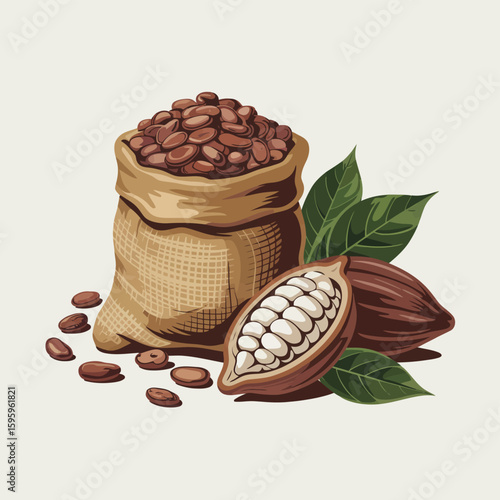 Sack of roasted cocoa beans with fresh cocoa pods and leaves