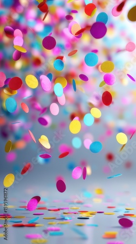 Colorful confetti falling against a bright backdrop creates a festive atmosphere during a celebration