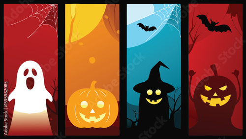 Four halloween themed banners featuring a ghost pumpkin witch and jack o lantern design set up nicely