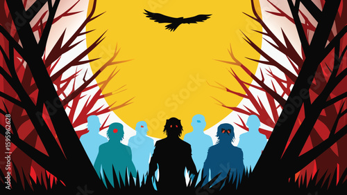 Silhouette of zombies under a full moon with a bird flying over a dark forest landscape scene design