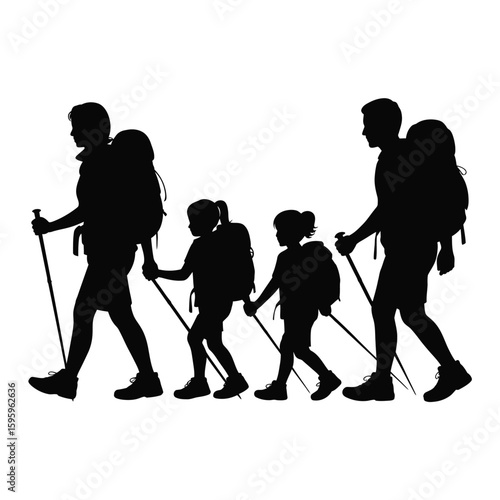 Family hiking adventure with backpacks and trekking poles
