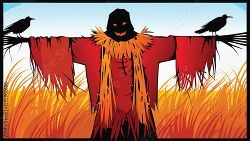 A scarecrow with crows perched on its arms stands in a field of tall grass against a blue sky