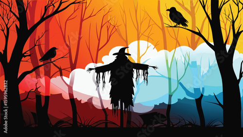 Silhouette of a scarecrow with crows in a spooky forest at sunset for halloween celebration theme