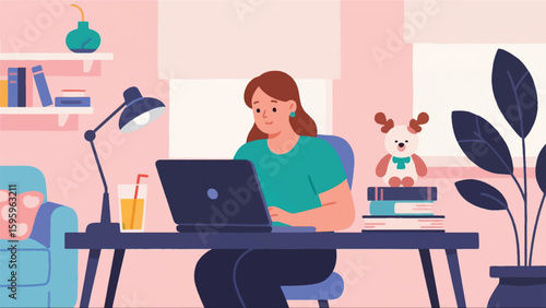 Freelancer woman at home desk with laptop and warm decor.