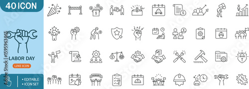 Labor Day Worker Celebration Industry Rights Safety Tools Line Icon Setlabor,day,worker,celebration,industry,rights,safety,tools,line,icon,set,work,job,wage,union,strike,power,fist,gear,handshake,