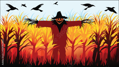 Illustration of a scarecrow in a cornfield with flying crows against a light blue sky background scene