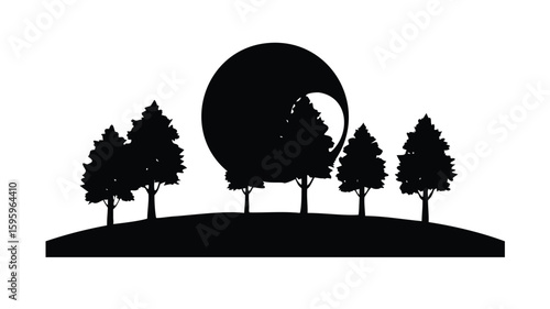 Black silhouette of trees with a full moon in the background

