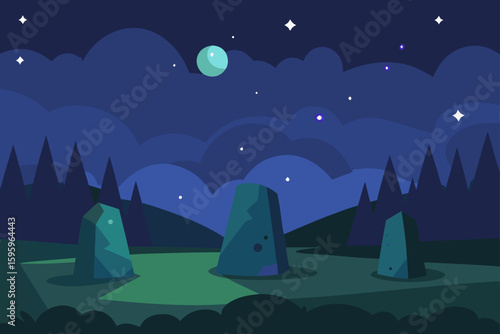 starry night above forest glade with stone circle