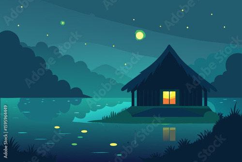 thatched roof cabin by glowing lake in misty twilight