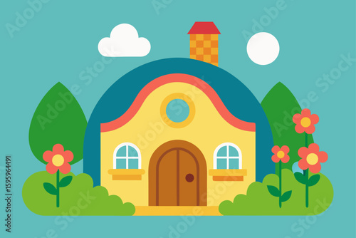 whimsical cottage with curved chimney and circular window