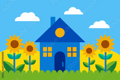 whimsical house with blue roof nestled in sunflower field