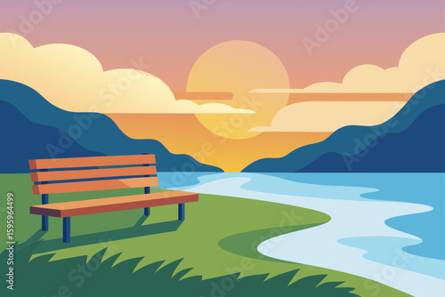 wooden bench on grassy lakeside path with mist rising