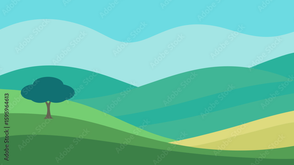 Fototapeta premium flat design valley with soft rolling hills and single tree