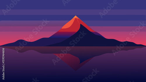 distant lone mountain mirrored in a quiet twilight