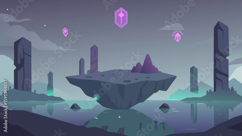floating stone ruins above a lake with magical glow