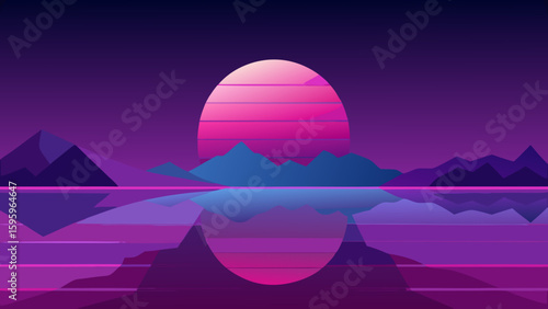 futuristic stylized landscape with a lake that reflects